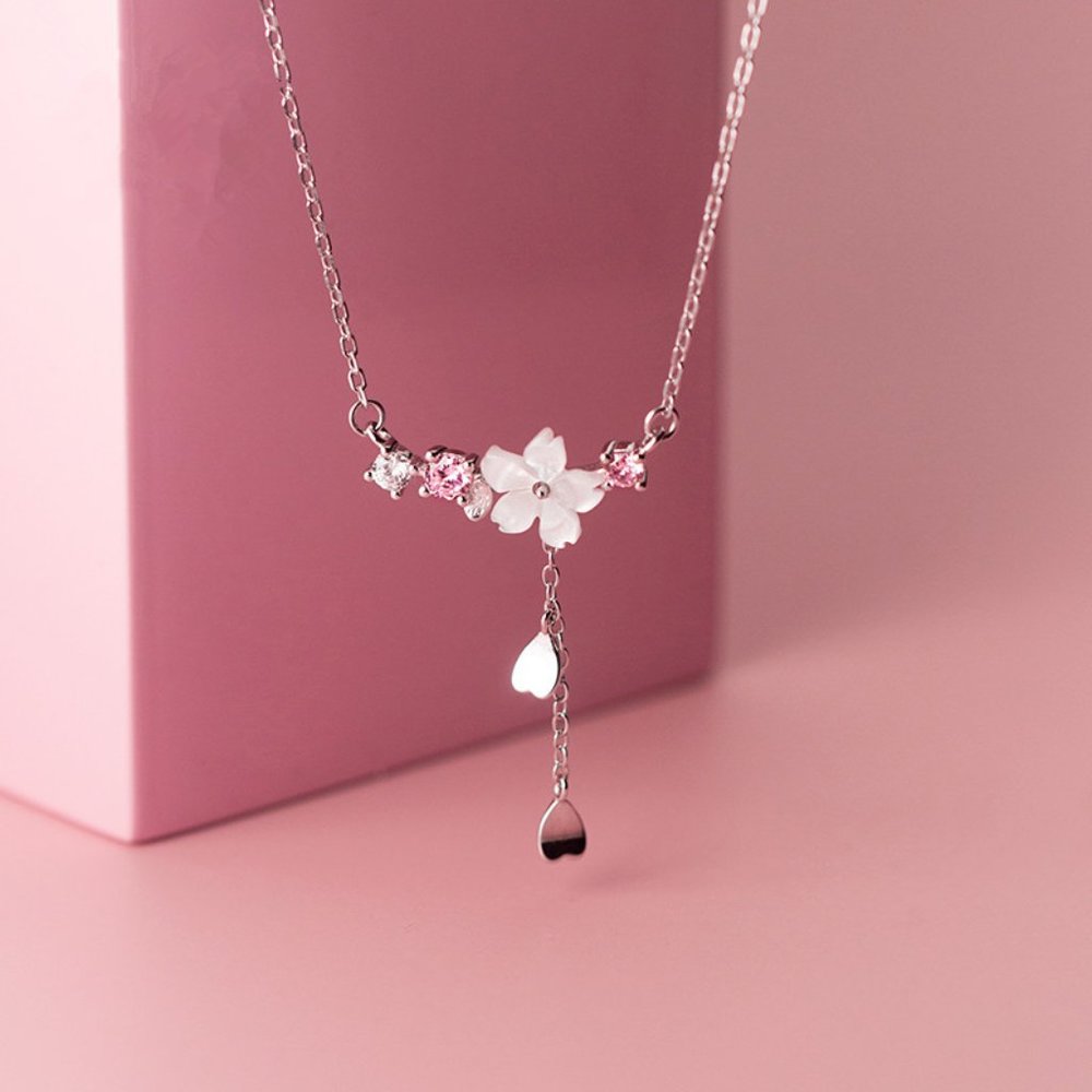 NEW Silver Cherry Flower Shell Long Tassel Necklace - Picture 3 of 9